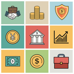 Finance and Banking Icons Set – Vector Illustration of Money, Currency, Banking, Investment and Business Concepts
