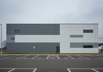 Exterior view of a modern building with gray and white panels and an empty parking lot in front of it
