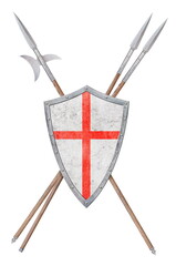 shield with halberd and two spears isolated on white