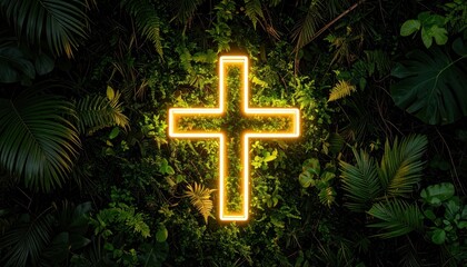 Glowing Cross Amidst Lush Green Foliage