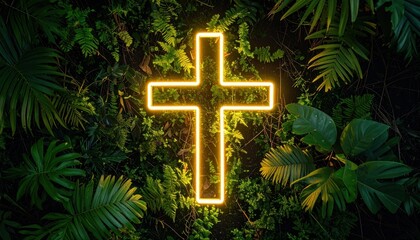 Neon Cross Among Lush Green Foliage