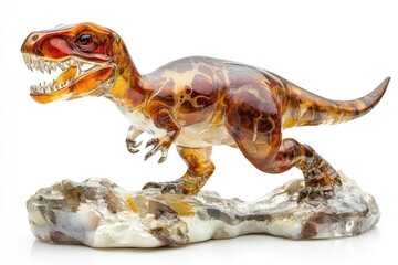 Amber T-Rex figurine, detailed design,  amber and stone base