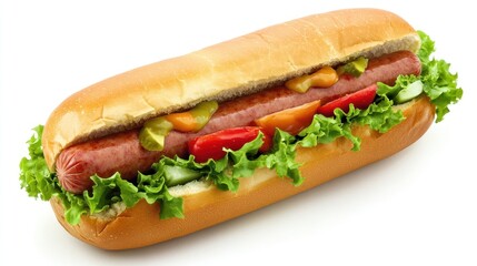 Delicious hot dog in a soft bun with lettuce, tomato, pickles, and mustard.