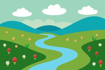 Obraz premium spring stream meandering through a blooming meadow.svg