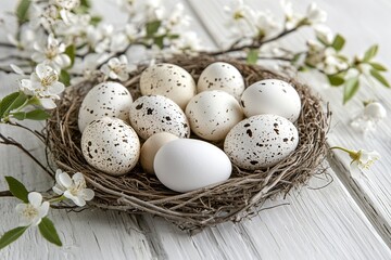 Obraz premium Easter eggs in a nest with blossoms. A collection of speckled and solid-colored eggs nestled in a rustic nest, surrounded by delicate white blossoms and branches