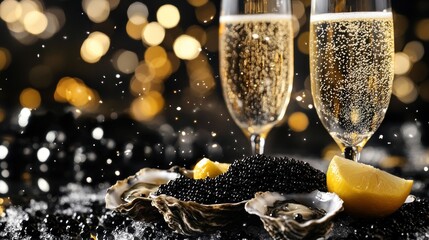 Two champagne flutes and oysters with black caviar and lemon slices against a sparkling bokeh background.