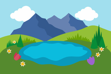 Fototapeta premium still alpine pond surrounded by blooming wildflowe 