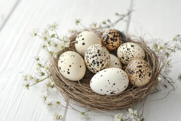 Fototapeta premium Nest of speckled eggs, surrounded by small white flowers