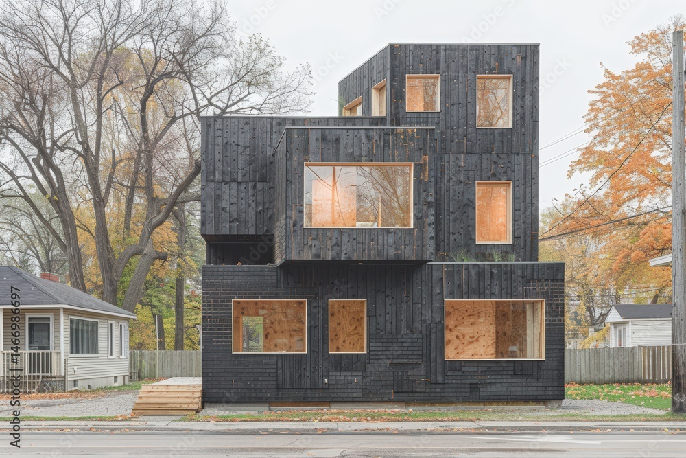 Poster modern black architecture with large windows surrounded by trees.