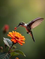 Naklejka premium A hummingbird flying over a flower with orange leaves