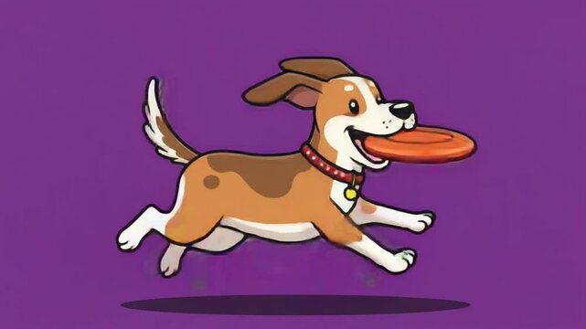 Happy Dog Playing Fetch with a Frisbee in Cartoon Style