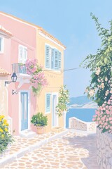 Gouache Illustration of Corfu in Greece, Sunny Morning with Detailed Soft Pastel Colors and Vintage Vogue