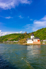 Gutenfels Castle and Pfalzgrafenstein Castle near Kaub (Germany) in the Upper Middle Rhine Valley, UNESCO World Heritage Site