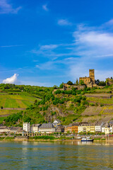 Kaub (Germany) with Gutenfels Castle and vineyards above the Rhine river