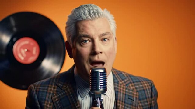 Charismatic senior man in a checkered jacket speaks energetically into a vintage microphone against an orange background with vinyl record, representing retro broadcasting or entertainment show hostin