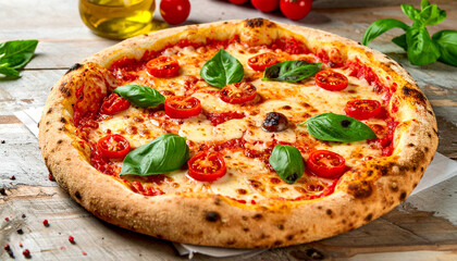Delicious homemade pizza topped with fresh basil and tomatoes rustic kitchen food photography