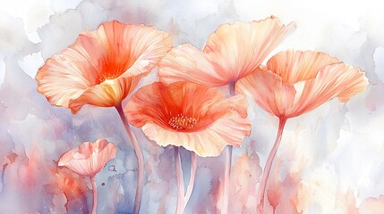 Trio of orange flowers displaying on a soft pastel watercolor background with elegant delicate style