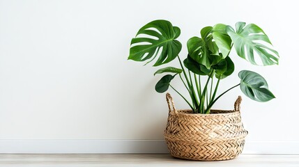 Fototapeta premium Potted monstera plant in a woven basket against a white wall.