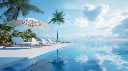 Stunning tropical resort landscape. Swimming pool with blue sky and clouds