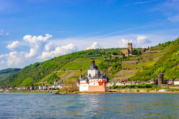 Gutenfels Castle and Pfalzgrafenstein Castle near Kaub (Germany) in the Upper Middle Rhine Valley, UNESCO World Heritage Site