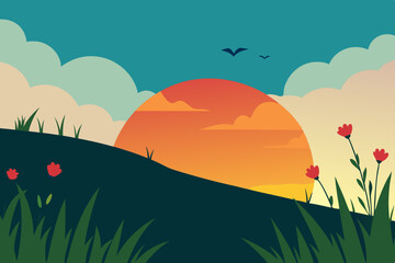 sunset over a grassy bluff with wildflowers swaying 