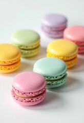 Obraz premium vibrant colorful macaron assortments perfectly arranged elegant white background sweet treats confectionery dessert delights, flavor, cream, fillings