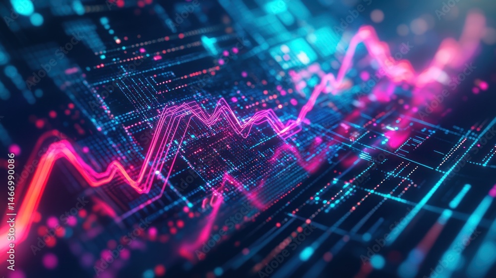 Poster abstract digital data visualization with glowing lines and nodes representing technological progress