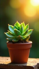 Single succulent in terracotta pot, sunlit leaves , soil, terracotta