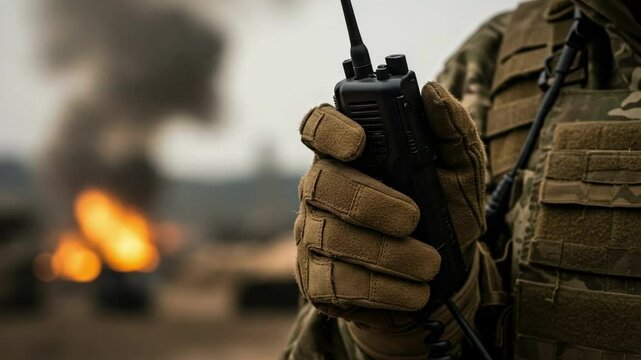 Soldier's gloved hand firmly holds a walkie-talkie for critical communication against a blurred fiery background, signifying urgent coordination in a conflict zone or emergency operation