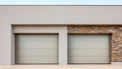 Fototapeta premium Modern Home Exterior: Dual Garage Doors with Stone Cladding and Sleek Design