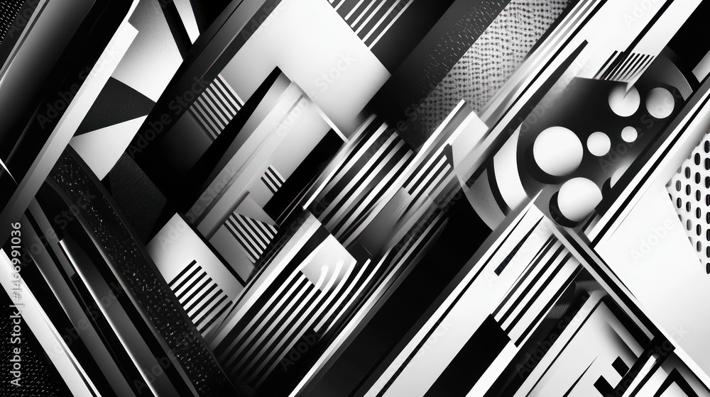 Poster abstract black and white geometric shapes, lines, and patterns in a dynamic composition.