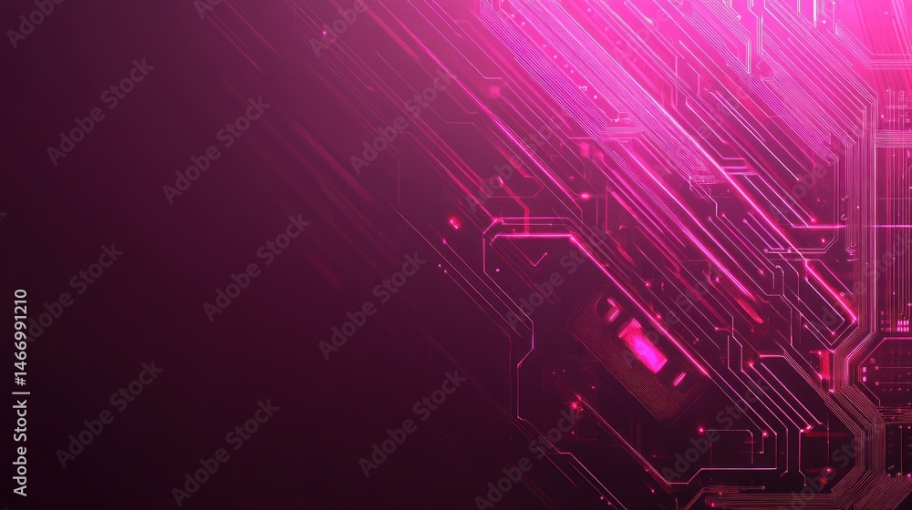 Poster abstract pink circuit board technology background with glowing lines and dark space.