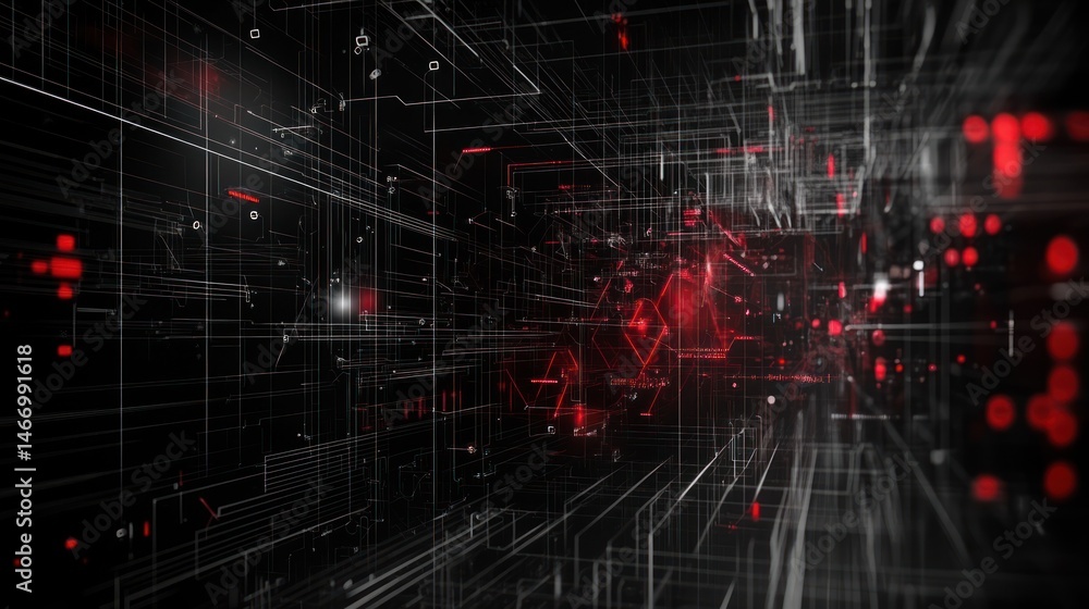 Poster abstract digital tunnel with red and white lines.