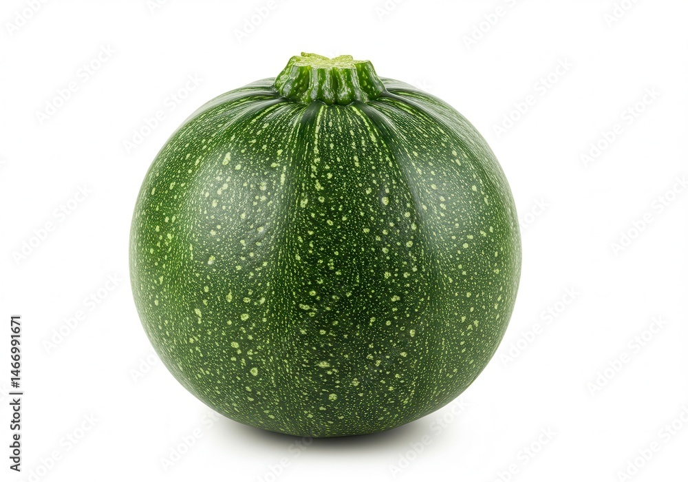 Poster close up of a single round zucchini with white spots on a white background in a studio setting