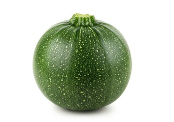 Close up of a single round zucchini with white spots on a white background in a studio setting