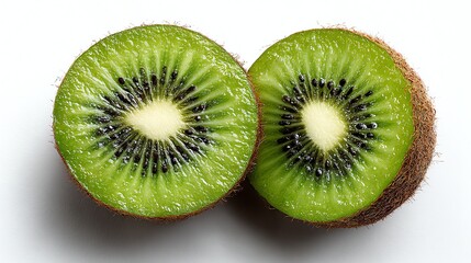 Fototapeta premium A vibrant close-up of a halved kiwi showing its green flesh and black seeds, perfect for showcasing healthy eating, organic food, and fresh tropical flavors.