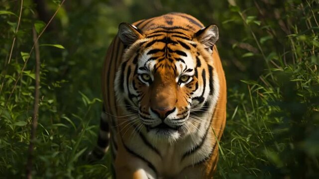 Tiger Walking Through Grassland Facing Camera Wild Nature Encounter