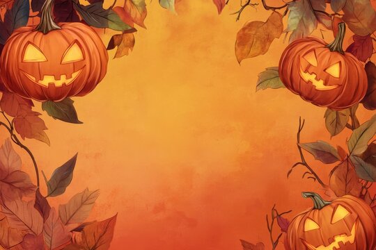 Three jack o lanterns and autumn leaves frame an orange background for halloween season decor