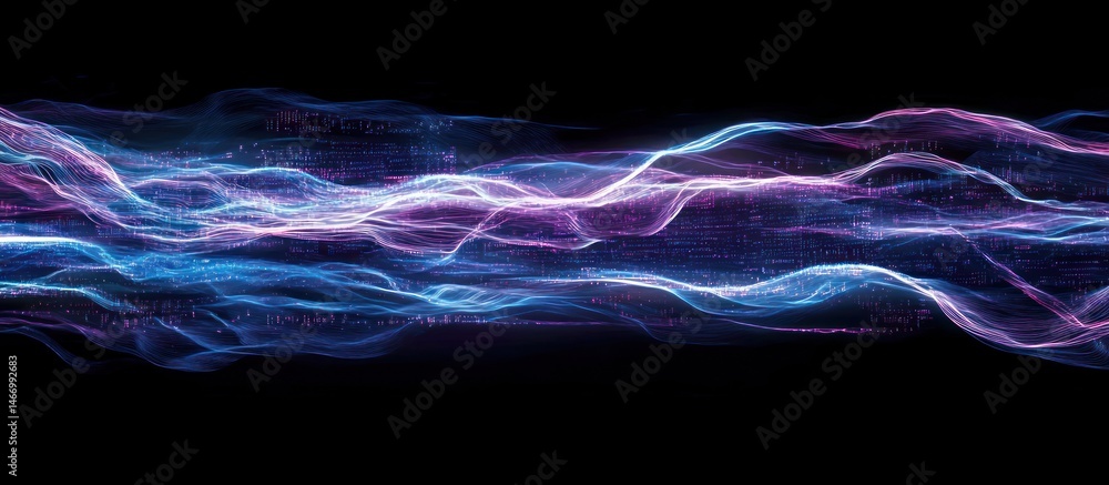Poster abstract flowing digital wave with purple and blue particles and code.