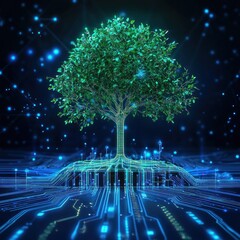 A vibrant green tree thrives on a glowing circuit board, symbolizing technological growth and nature's interconnectedness