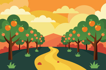 tranquil orchard at sunrise with fruit trees 