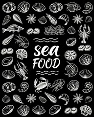 Creative seafood graphic design featuring various ocean delicacies in a unique arrangement