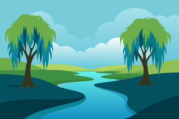 tranquil river scene with willow trees dipping 