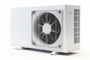 Fototapeta premium Efficient White Heat Pump Unit Modern HVAC System Quiet Operation Energy Saving Design