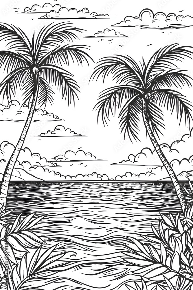 Poster tropical landscape with palm trees and ocean view generative ai