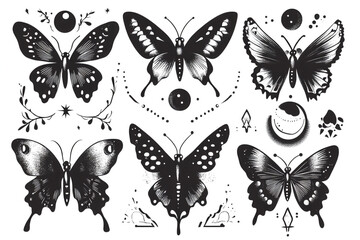 Intricate black butterfly illustrations with celestial and bohemian decorative elements