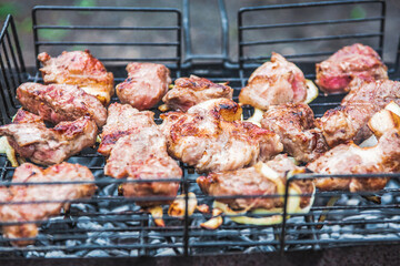 Close-up. Juicy pieces of kebab meat are grilled outdoors.