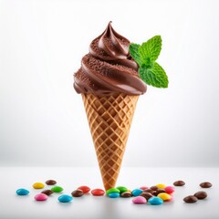 Cornet de glace à l'italienne au chocolat avec pépites de chocolat et feuilles de menthe, isolé sur fond neutre. Structure Reference Image - obrazy, fototapety, plakaty