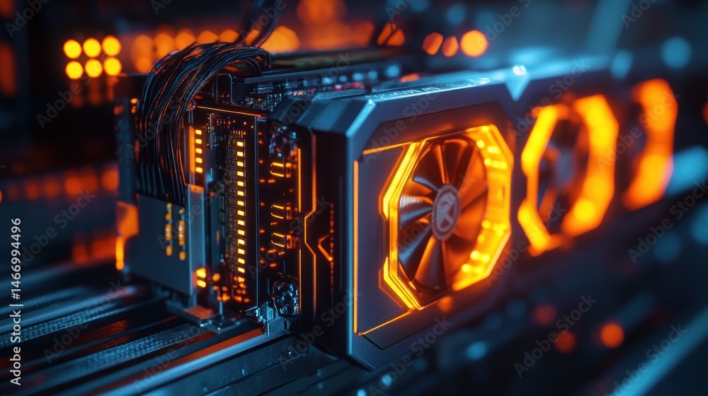 Fototapete Close-up of a powerful graphics card glowing orange in a computer.