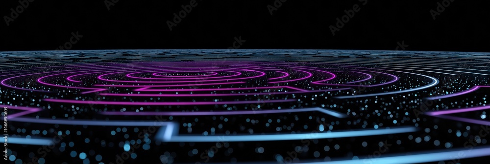 Poster futuristic neon maze with digital circuit patterns and glowing particles